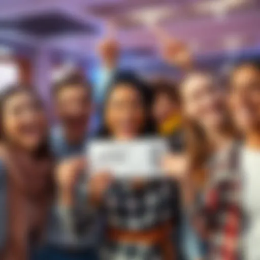 A group of cheerful people celebrating while holding a lottery ticket, showing smiles and excitement.