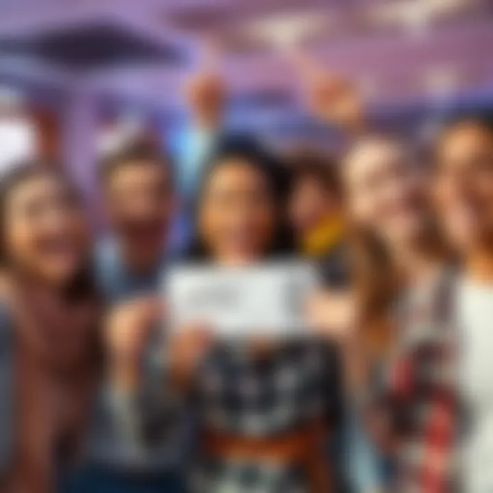 A group of cheerful people celebrating while holding a lottery ticket, showing smiles and excitement.
