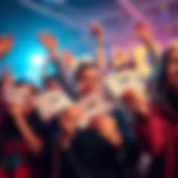 A group of people celebrating while holding three lottery tickets, filled with anticipation for a big win.