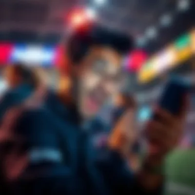 A person excitedly browsing betting options on a smartphone, showing enthusiasm for bold bets, with a cautionary note visible in the background.