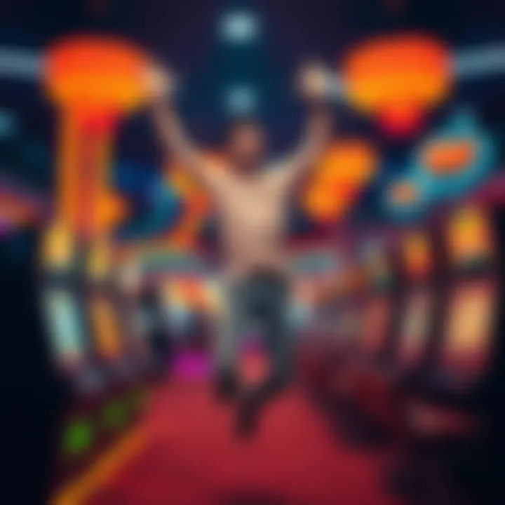 A person jumping with joy after winning a big bet at a casino, surrounded by colorful lights and slot machines.