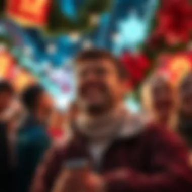 A smiling person looks forward to receiving their $3 Eddie, surrounded by friends and festive decorations, capturing the joyful spirit of the event.