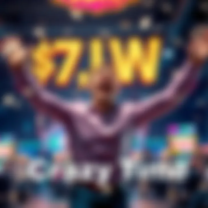 A joyful player celebrating with open arms and cash after a $7,000 win on Crazy Time, showing mixed emotions of happiness and frustration.