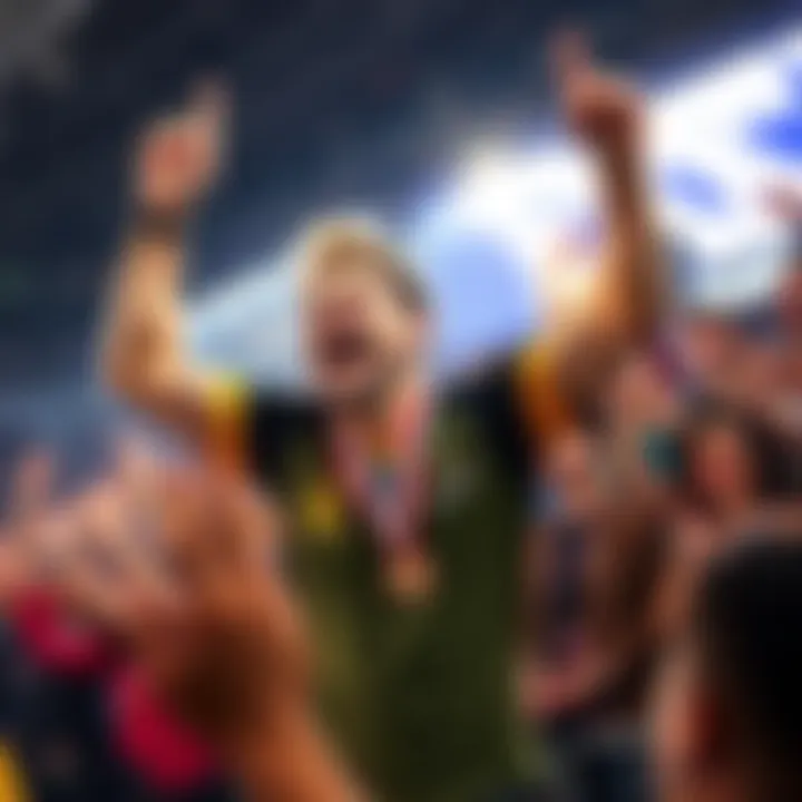 A player joyfully celebrating their fourth place finish in a tournament, surrounded by friends and cheering crowd.