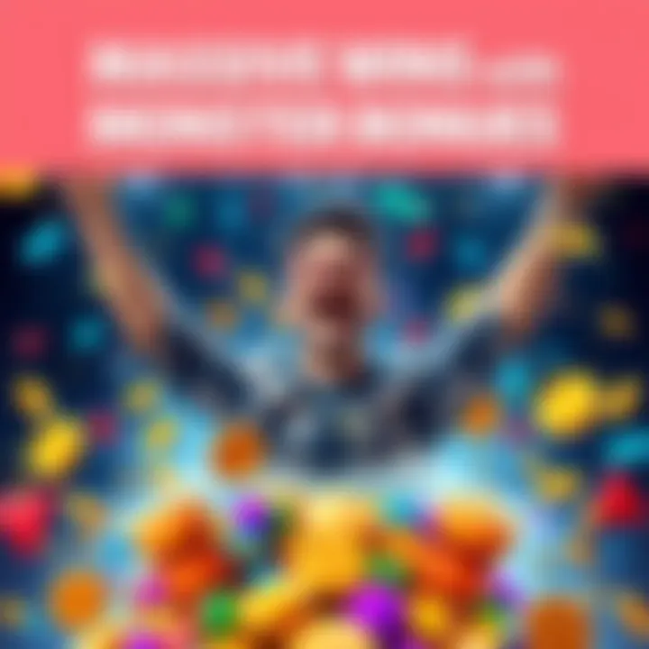 A player joyfully celebrating their Monster Stack bonuses, surrounded by colorful bonus symbols and confetti, showcasing their mini wins stacking up to big rewards.