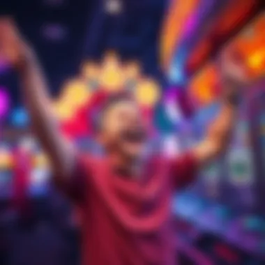 A person celebrating after hitting five scatters on a game, showing a big smile and raised hands in joy.