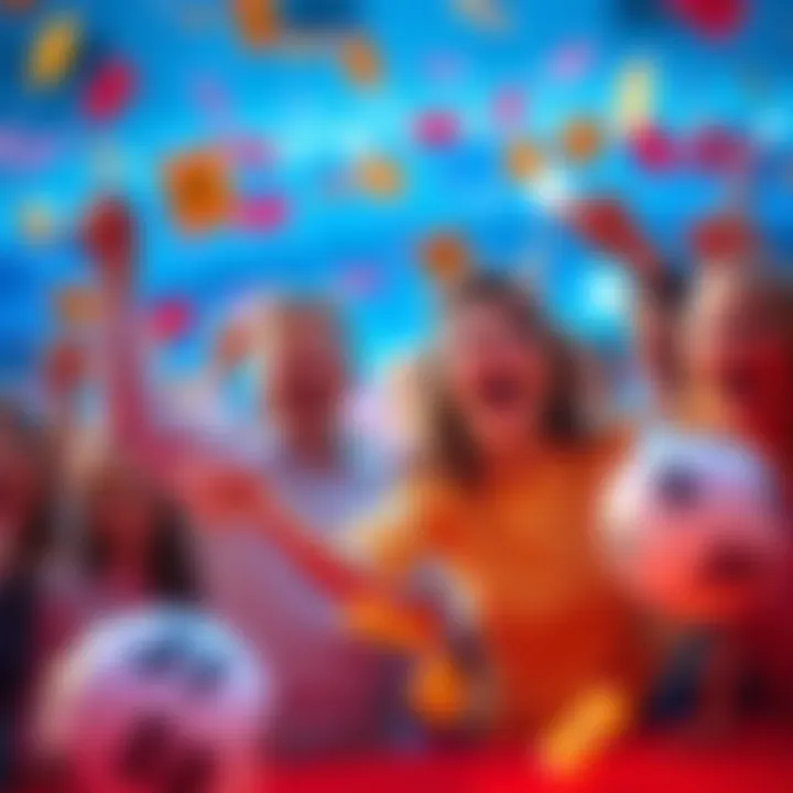 Group of people celebrating and enjoying playing the 11 Leg Lotto game, surrounded by colorful lottery tickets and bright graphics.