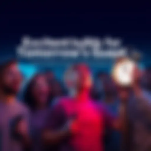 A group of excited people looking at a clock, eagerly waiting for the guest announcement