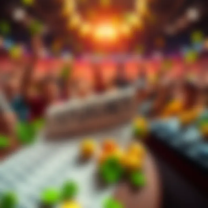 Exciting 17 Leg Bet A close-up of a betting slip with a 17 leg bet highlighted, surrounded by a cheering crowd and lucky symbols like clovers and wolves, representing the thrill of betting.