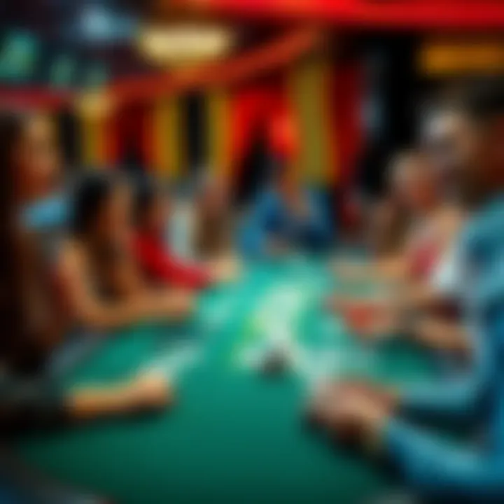 A group of friends enjoying a lively game of baccarat at a casino table, with cards and chips in play.