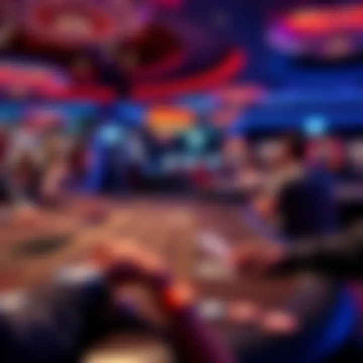 A vibrant casino scene showcasing a lively game table with players enjoying the 5 Unit Max Free Play offer, chips and cards in action, full of excitement.