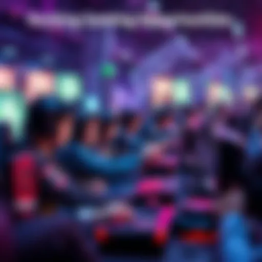 A vibrant gaming scene with players engaged in a competitive match, showcasing excitement and strategy in action.