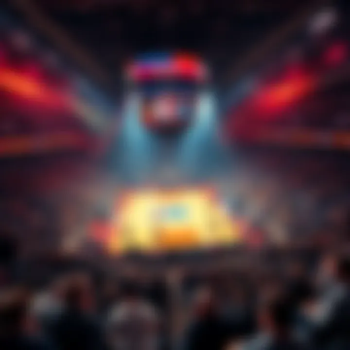 A basketball court with players warming up before an NBA game, fans in the stands ready for action