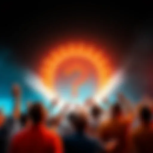 A vibrant graphic showing people gathered around a large question mark with excitement and curiosity, symbolizing upcoming developments.