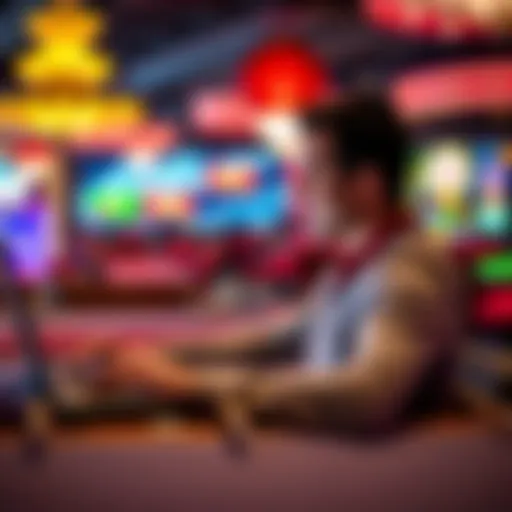 A person enjoying games at an online casino on a laptop with colorful graphics on the screen