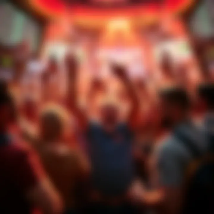 Exciting Parlay Betting Scene A group of enthusiastic bettors celebrate a big win at a sports betting venue, surrounded by screens displaying odds and games.