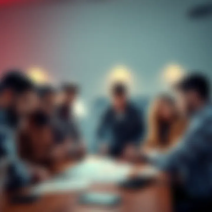 A group of diverse bettors discussing potential underdog teams with charts and odds on a table
