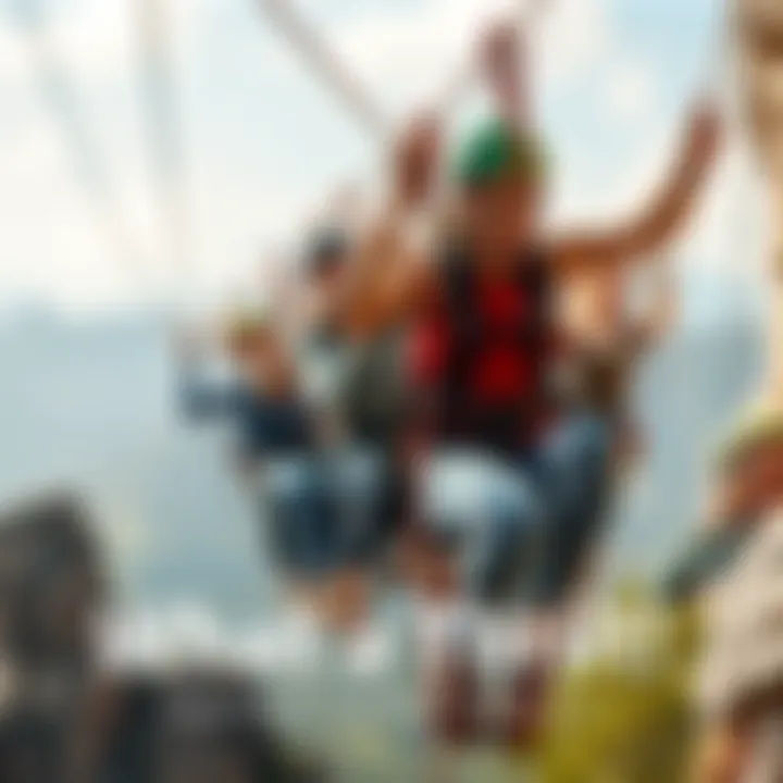 People enjoying thrilling activities like zip-lining and rock climbing in an outdoor setting