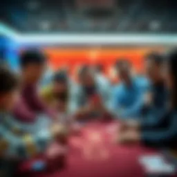 A group of people discussing a new betting strategy at a table with chips and cards, showcasing enthusiasm and engagement.