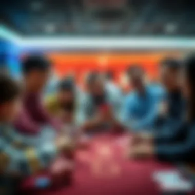 A group of people discussing a new betting strategy at a table with chips and cards, showcasing enthusiasm and engagement.