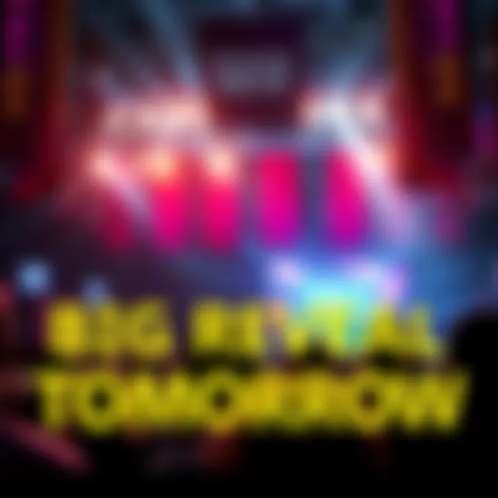 Exciting Big Reveal Tomorrow A crowd eagerly waiting for a big announcement, with bright lights and banners in the background