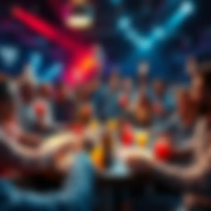 A group of people cheering around a table full of betting slips and drinks, celebrating their wins during a BOL betting event