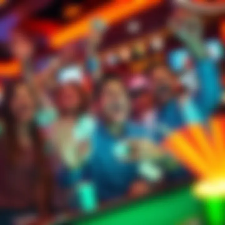 A group of happy gamblers celebrating their wins with cash in hand, showcasing excitement and joy in a gaming environment