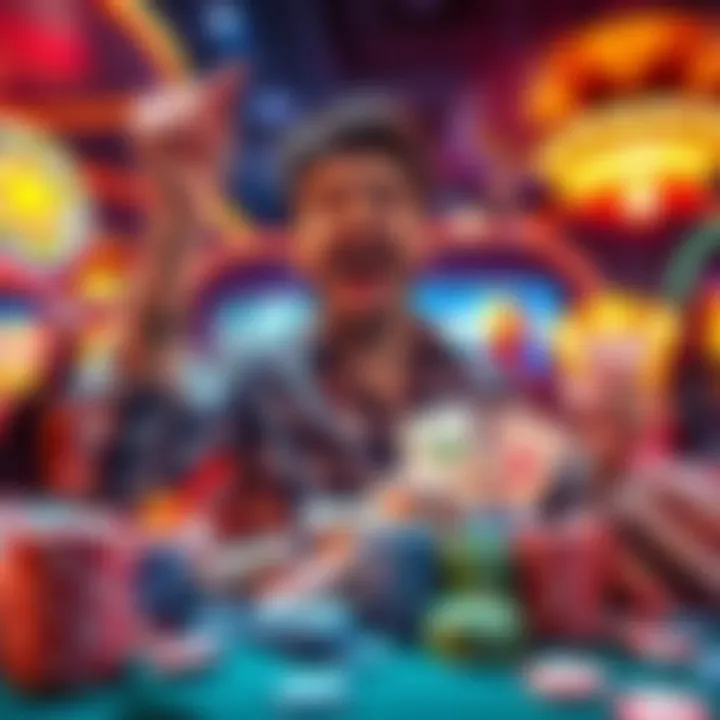 Exciting Casino Win A joyful player celebrating a big win in a casino, with cash and chips around them, capturing the thrill of multipliers in gaming.