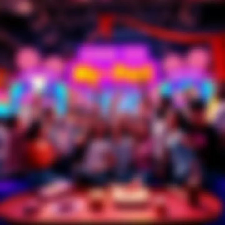 A group of diverse people celebrating and guessing in a fun contest environment, surrounded by colorful decorations and prize displays