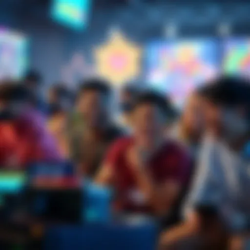A group of diverse players engaged in new video games with bright graphics and vibrant characters, showcasing excitement and rewards.