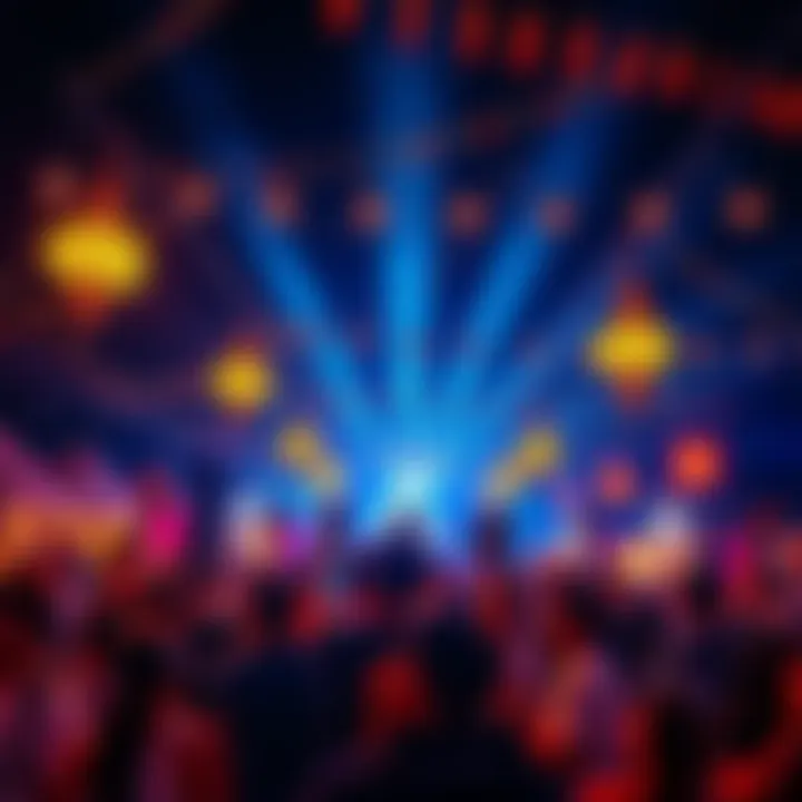 Crowd enjoying a lively outdoor event with colorful lights and decorations, showcasing energy and celebration.