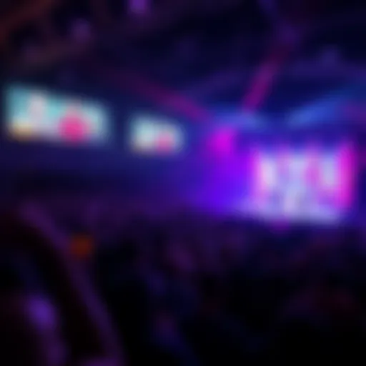 Crowd gathered for an exciting event with bright lights and performers on stage