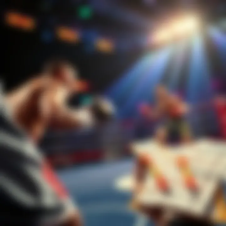 Exciting Fight Betting Scene Action-packed scene showcasing fighters in a ring with betting slips in the foreground, capturing the thrill of upcoming matches.