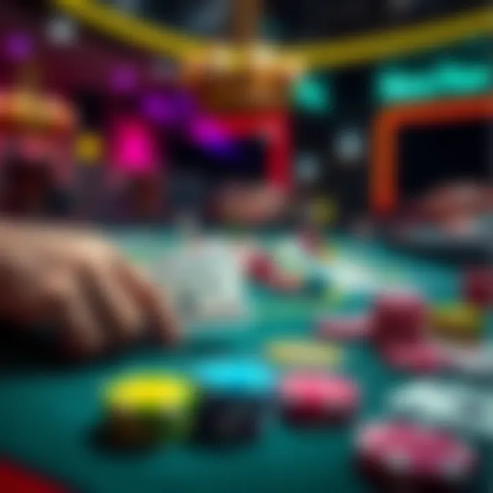 A close-up of a hand placing a $100 bet on a gambling table with colorful chips and cards in the background.