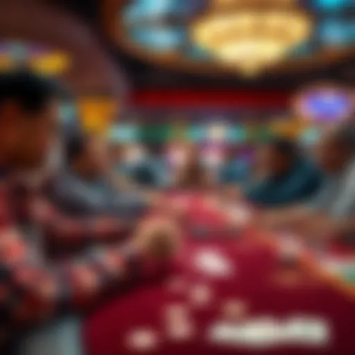People placing bets at a lively casino table filled with chips and cards, enjoying the thrill of the game.