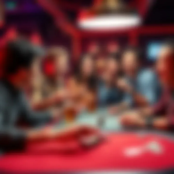 Group of friends enjoying a lively gaming session, sharing laughs and excitement around a table with cards and chips.