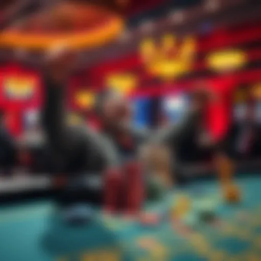 A player celebrates big winnings at a gaming table with chips and cash displayed, reflecting excitement and triumph.