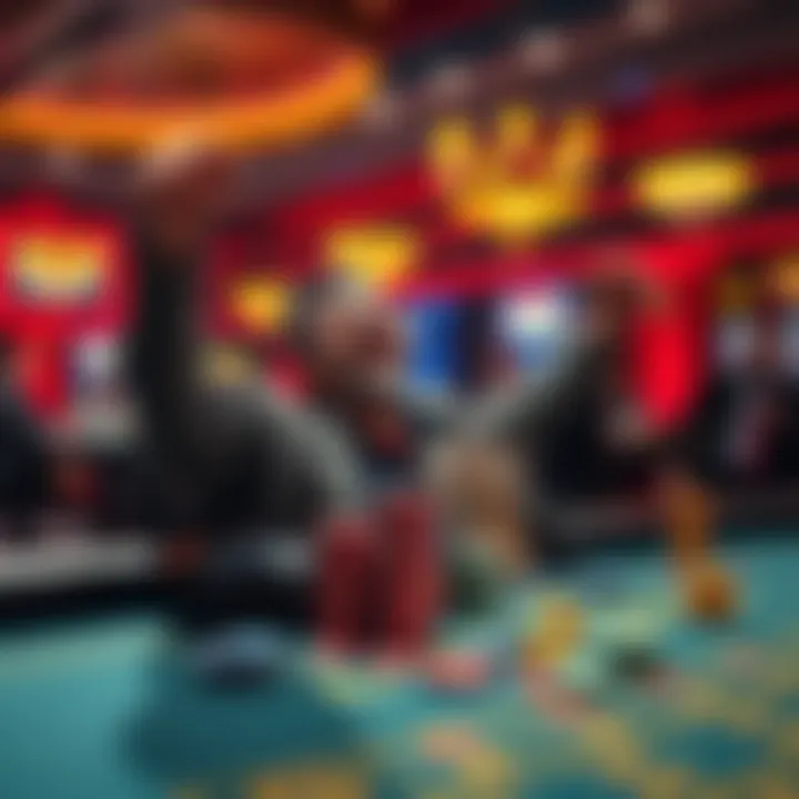 A player celebrates big winnings at a gaming table with chips and cash displayed, reflecting excitement and triumph.