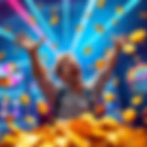 Person celebrating a big win while playing a slot machine, with coins and rewards displayed around them