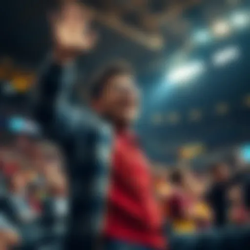 A sports fan celebrating a successful half time bet with money in hand during a game.