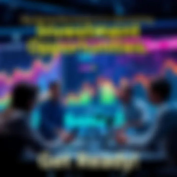 Exciting Investment Opportunities A group of people discussing investment strategies with charts and graphs in the background, symbolizing upcoming investment moments
