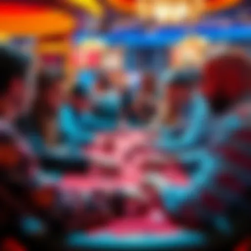 People enjoying games at a live casino table, interacting with dealers and each other, surrounded by colorful chips and cards.