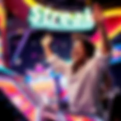 A player celebrating a win while playing the $1 fast play game Streak Supercharged, with bright lights and colorful graphics in the background.