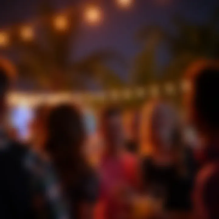 Exciting Night Event A group of people enjoying a lively outdoor gathering at night with lights and laughter