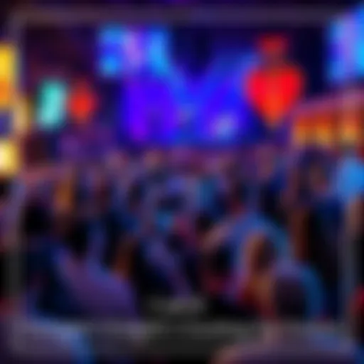 Crowd enjoying various performances at night events including music and theater.