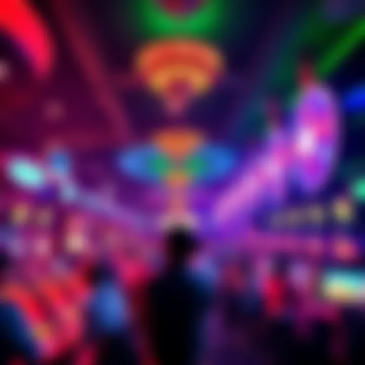 A vibrant casino scene with people celebrating and playing games, showcasing excitement and anticipation for wins.