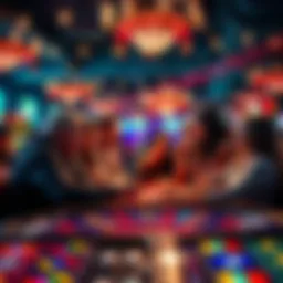 A group of friends gathered around a table, excitedly playing games and celebrating potential wins at a lively casino, with colorful lights and decorations in the background.