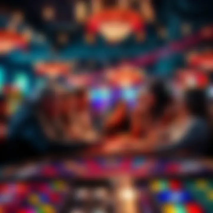 A group of friends gathered around a table, excitedly playing games and celebrating potential wins at a lively casino, with colorful lights and decorations in the background.