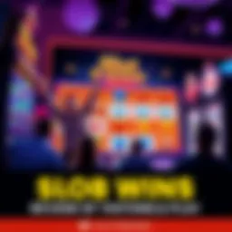 A colorful slot machine screen displaying big wins and exciting multipliers, with players celebrating their success.