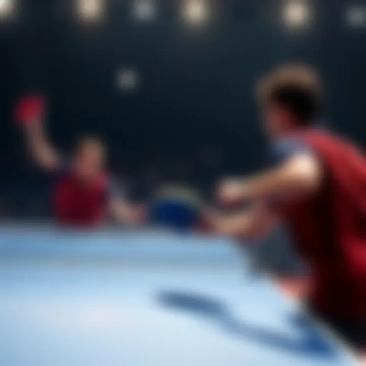 Two table tennis players in action, one making a powerful backhand shot while the other prepares to receive the ball, showcasing the intensity of the game.